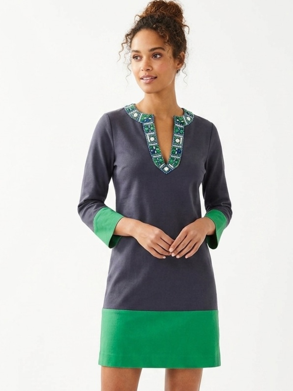 BCBGMAXAZRIA Knit Dress Sweater Tunic Size XS Beaded Silk/Cotton colorblock